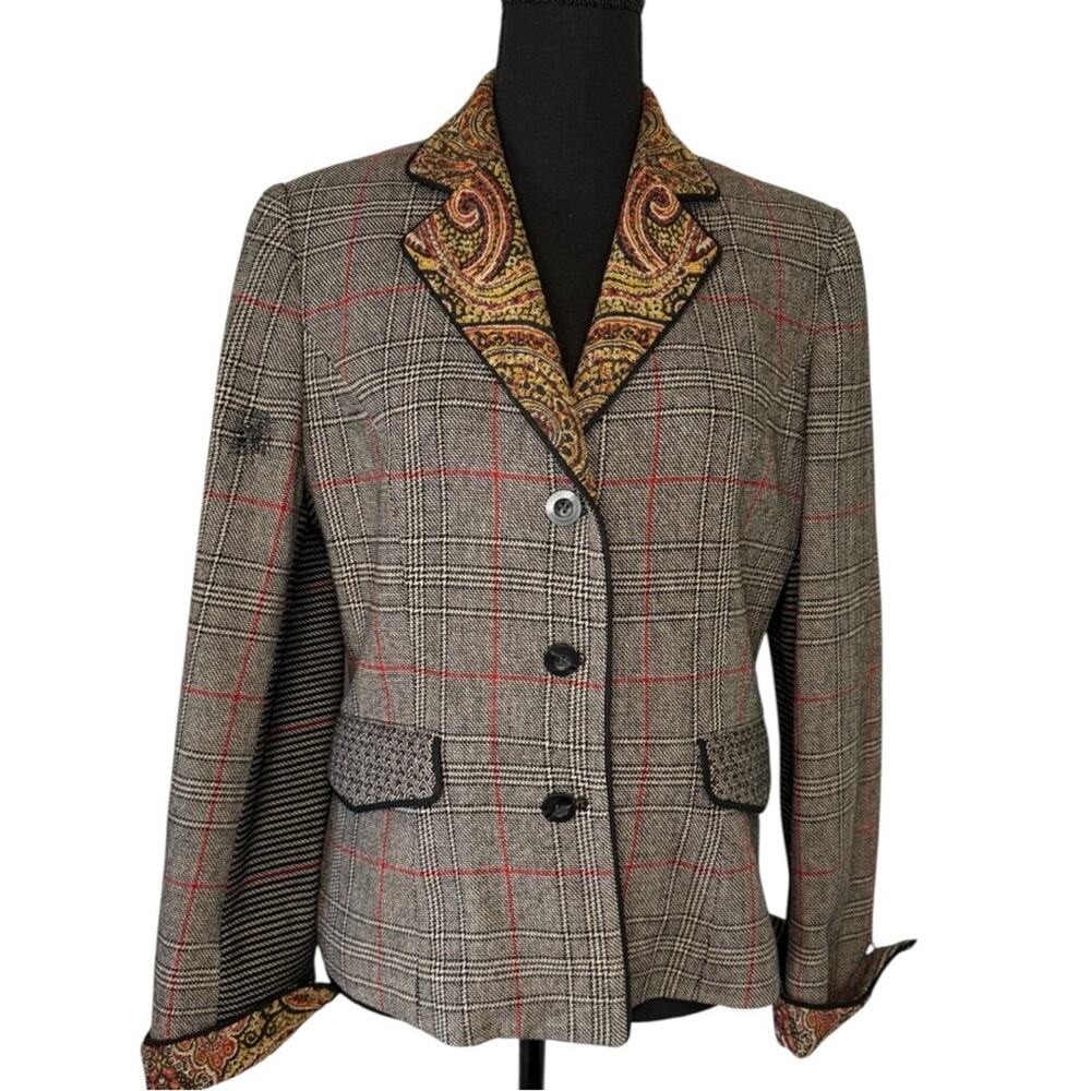 Vintage Carlisle Wool Blend Paisley Plaid Blazer Jacket with Paisley Trim size 8
